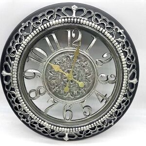 NEW 20” Roman Numeral Wall Clock, Battery Operated Silver & Black. Original Box